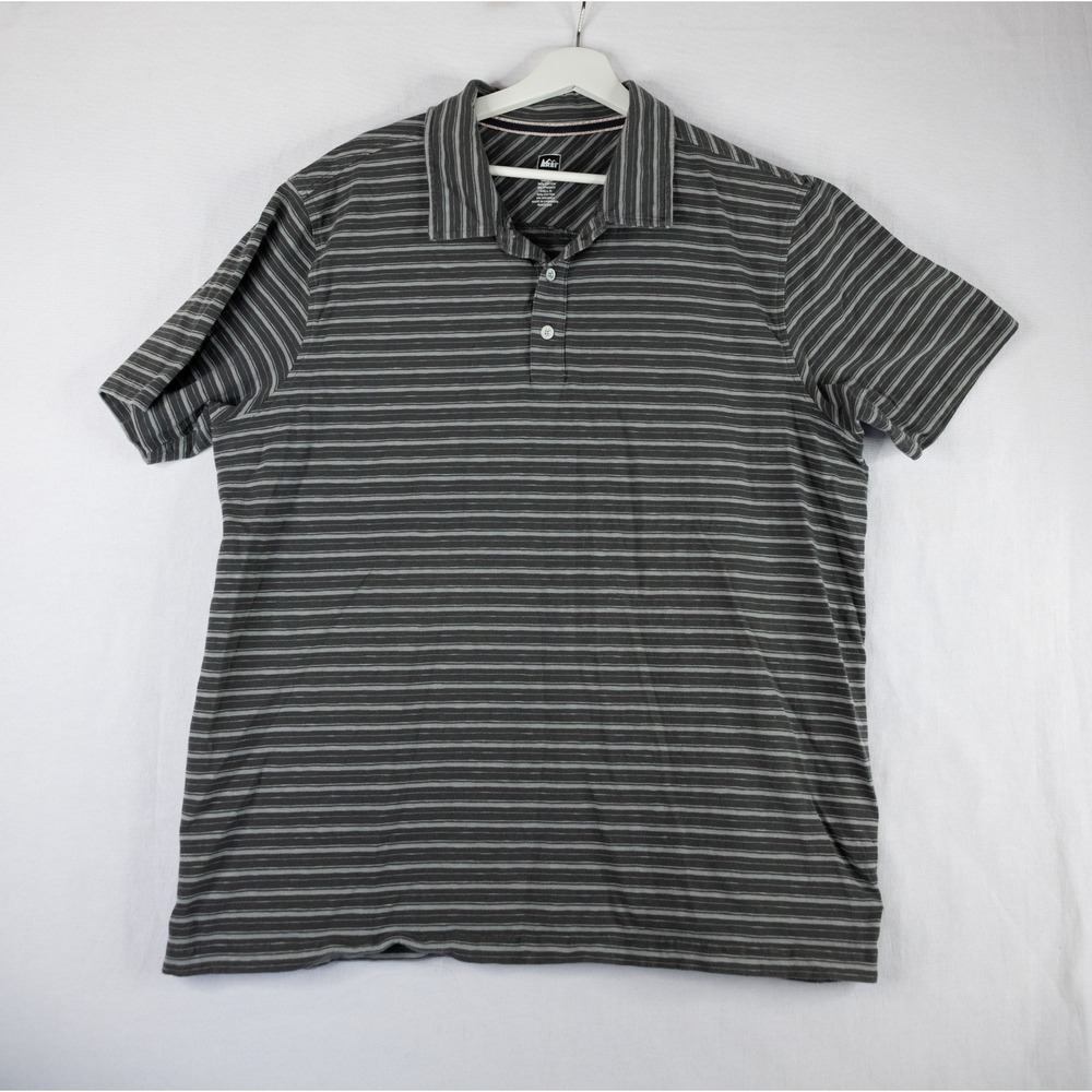REI Polo Shirt Mens XL Grey Excellent Striped Short Sleeve Cotton Blend Stretch